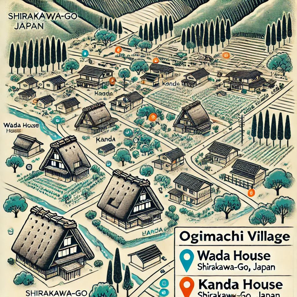 Here is the map illustrating the locations of Wada House and Kanda House within Ogimachi Village.