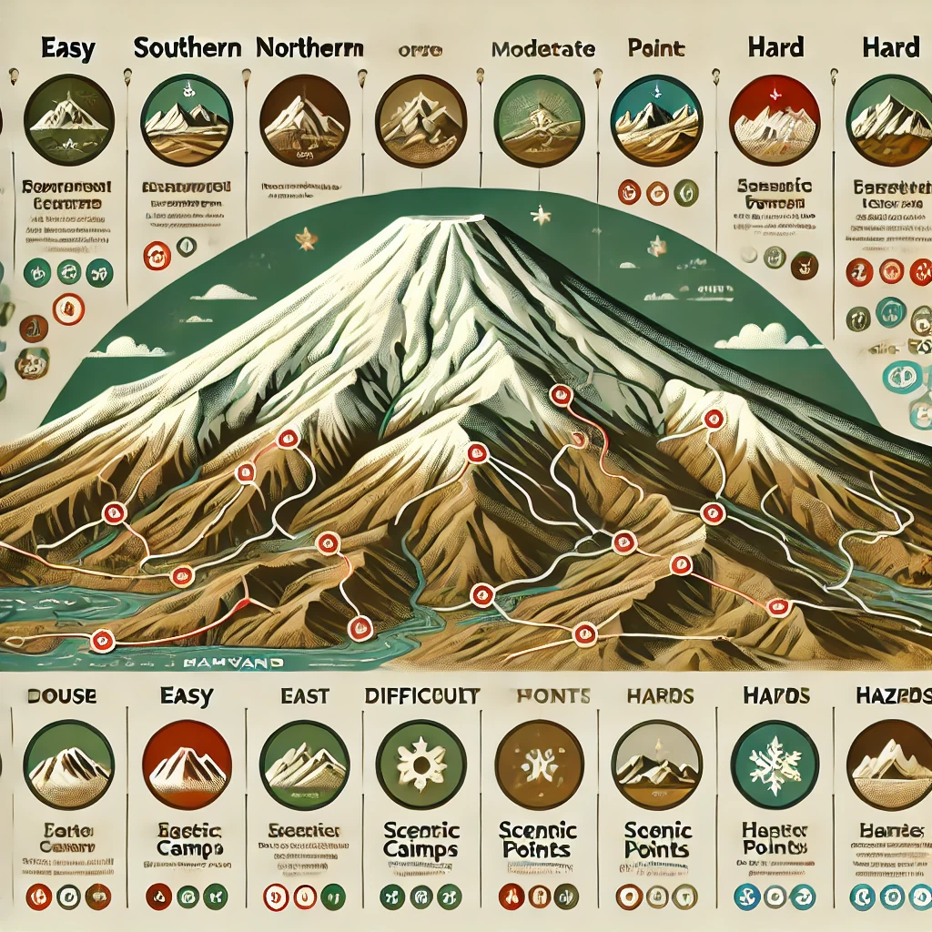 Here's the infographic illustrating the different climbing routes on Mount Damavand with their difficulty levels and key features.