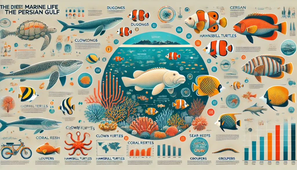 Infographic here highlighting the different types of marine life found in the Persian Gulf