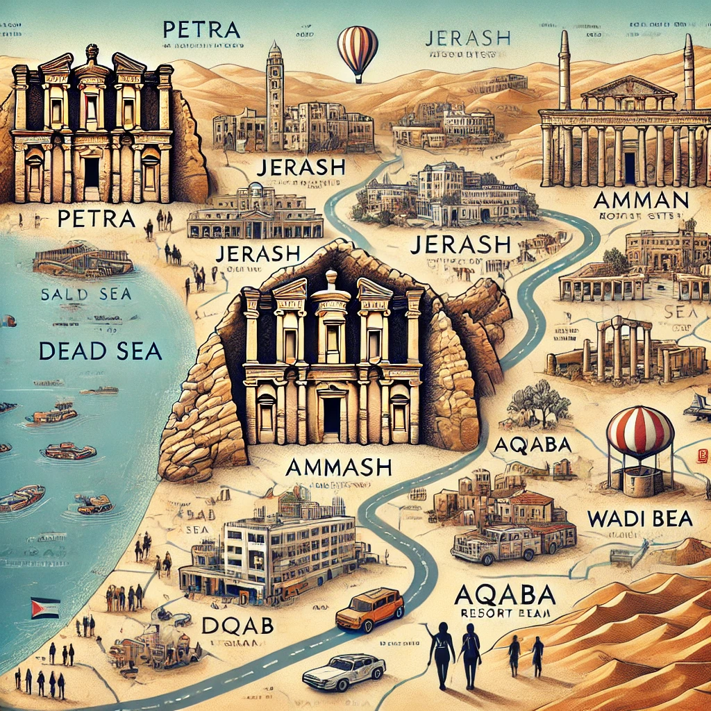 Here is an infographic map highlighting key tourist locations in Jordan, including their proximity to Wadi Rum