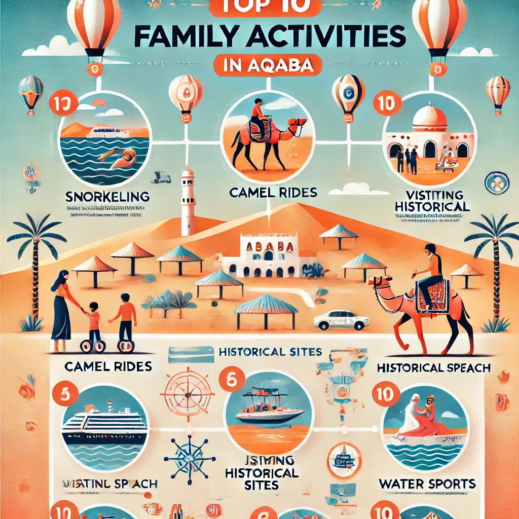 Here is the infographic Top 10 Family Activities in Aqaba featuring vibrant icons and a family-oriented style.